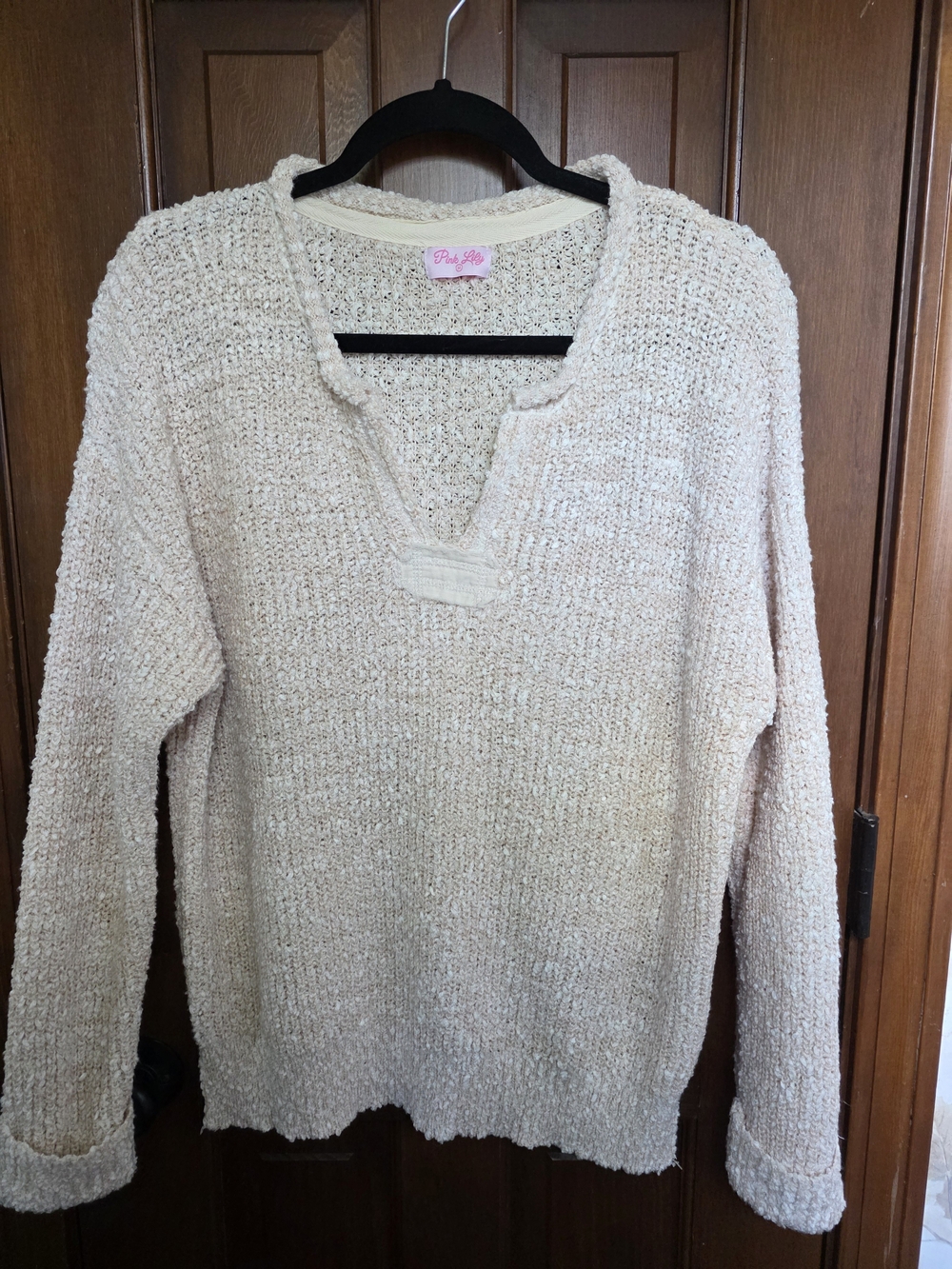 Pink Lily Cream Cozy V-Neck Textured Sweater Oversized Size Medium